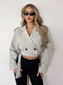 SHEIN ICON Jaqueta corta-vento feminina casual, com recorte na cintura e manga comprida, desfiada e com desfiado, gola alta, estilo streetwear, outono/inverno - Branco - Ver 1