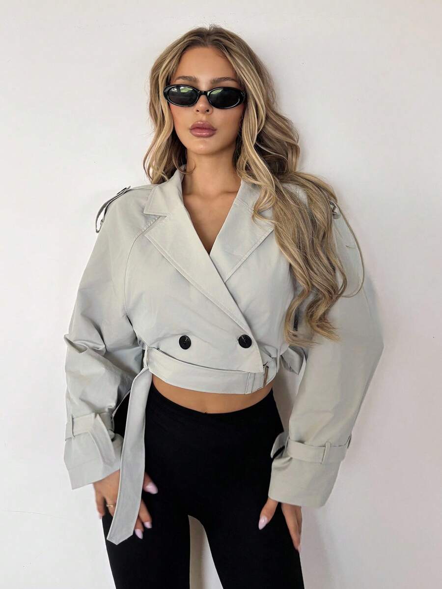 SHEIN ICON Jaqueta corta-vento feminina casual, com recorte na cintura e manga comprida, desfiada e com desfiado, gola alta, estilo streetwear, outono/inverno - Branco - Ver 1