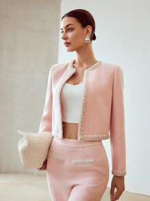 MOTF PREMIUM TWEED FAUX PEARL TAPE TRIM CROP JACKET - Pink - View 5