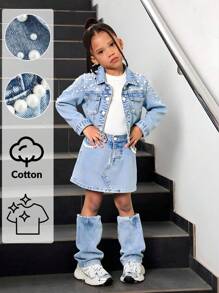 2 件女童珍珠装饰牛仔夹克和松紧腰裙套装，轻度水洗，5 口袋设计，经典休闲和派对装，适合日常和感恩节穿着 - 淺色水洗藍 - 查看 1
