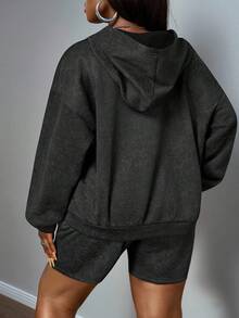SHEIN Slayr 2025 Summer Autumn And Winter New Casual Loose Black And Gray Snow-Washed Fabric Hooded Cardigan Long Sleeve Sweater + Short Sweatpants Women Two Pieces Set, Suitable For Daily Travel, Shopping, Back To School, Graduation, Brunch Outfit, Airport Outfit, Friends Gathering, Sports And Casual Outfit-A Women 2 Pieces Shorts Set Two Pieces Hoodie Set Women Women Sweatsuit Set - Black - View 2