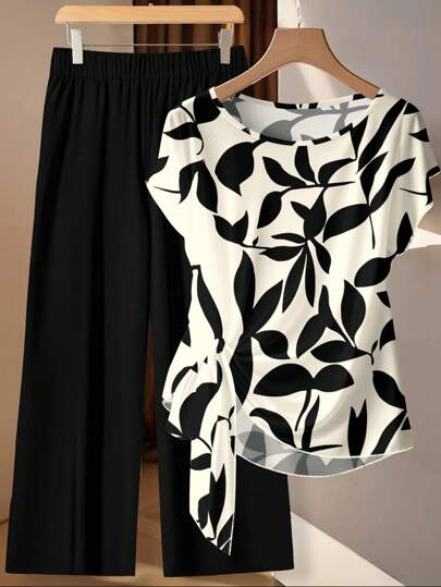 SHEIN Clasi Plus Size Contrast Color Prints Women Striped Bat Sleeve Knot Side Top And Pants 2 Pieces Set