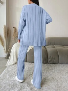 EURMUSE Ensemble Deux Pièces Cardigan Ample Et Pantalon Tricoté Pour Femmes - Bleu ciel - Voir 2