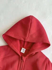 SHEIN Playful Pals 女婴休闲纯色羊毛连帽拉链夹克，适合秋冬季 - 紅色 - 查看 3