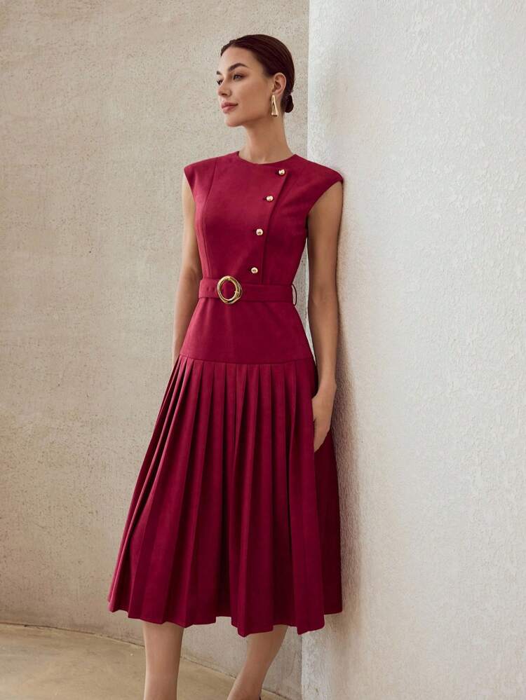 SUEDETTE PLEATED HEM BELTED DRESS
