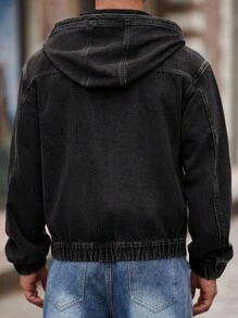 Manfinity Homme Men's Denim Hooded Black Jacket With Zipper, Fashionable For Summer - Black - View 2