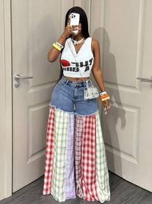 BamGleam Women's Fashion Color Block Plaid Wide Leg Jeans - Multicolor - View 4