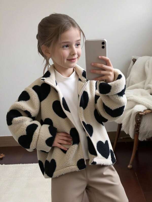 SHEIN Tween Girls Loose Fit Fuzzy Heart Zip-Up Warm Jacket