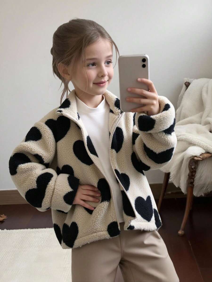 SHEIN Tween Girls Luźny krój, ciepła kurtka z zamkiem w kształcie serca