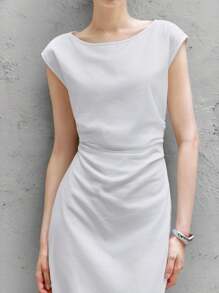 Chiquease Women's Elegant White Linen Blend Midi Dress With Round Neck And Cap Sleeves, Soft And Modest Design For Any Occasion. - White - View 4