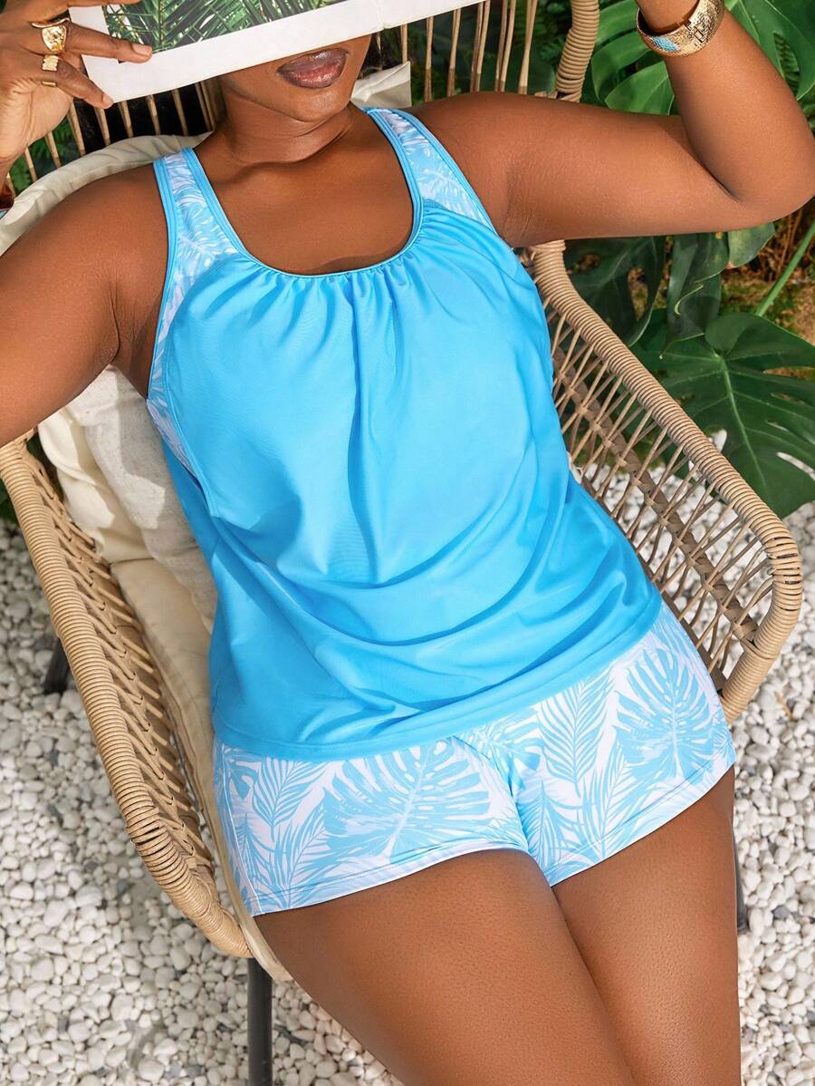 Swim Lushoire Plus Size Women Random Print Tankini Top And Shorts 2pcs/Set For Summer Beach Vacation - Blue - View 1