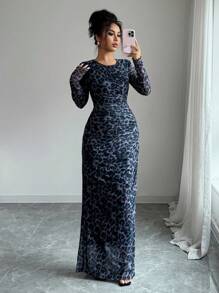 Rafferiza Đầm dài tay lưới bó họa tiết da báo thanh lịch dành cho nữ, phù hợp cho trang phục Maxi mùa xuân và mùa thu - Màu xanh bụi bặm - Xem 3