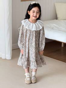 SHEIN Little Byeori Young Girls' Elegant Floral Lace Collar Puff Sleeve Dress Girls With Little Girl Long Autumn Fall Winter - Multicolor - View 6