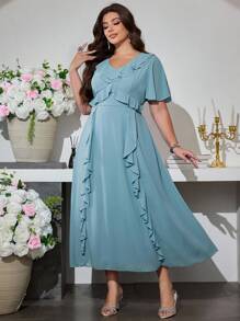 Modelyn 大码女式优雅雪纺荷叶边中长连衣裙 - 淺藍色 - 查看 7