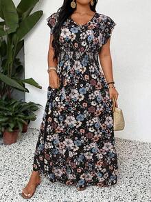 SHEIN LUNE 大码女式 V 领全印花简约长款休闲连衣裙 波西米亚风夏季波西米亚风复古风女士夏季服装 春假狂欢服装 节日春假服装造型 Saint John Saint John Saint John 2025 仲夏日服装毕业礼服婚礼宾客礼服女士度假服装女士海滩服装女士节日太阳裙女士生日礼服花卉长裙长款花卉连衣裙女士波西米亚长裙休闲长裙 - 黑色 - 查看 6