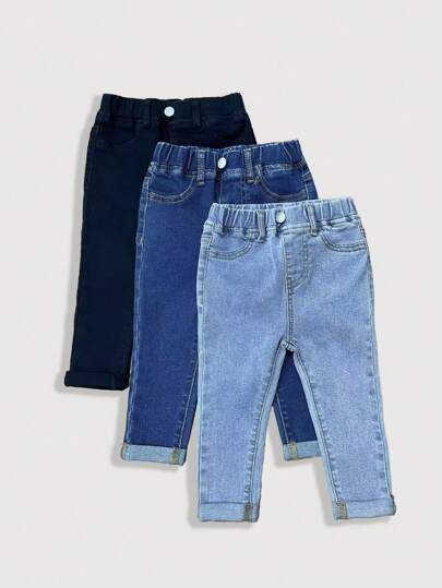 SHEIN Baby Girl 3pcs/Set Black And Blue Jeans, Fall Kid's Casual And Comfortable Wear, Chic For Autumn/Winter