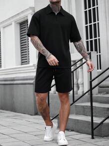 Manfinity LEGND 男士休闲半拉链铆钉短袖 POLO 衫套装 - 黑色 - 查看 6