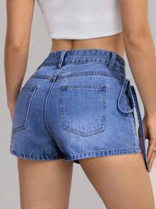 SHEIN ICON 女式不对称下摆抽绳腰休闲牛仔短裙裤 - 中等水洗藍 - 查看 2