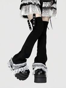 ROMWE Grunge Punk 1 双黑白对比复古格子 Y2K 可爱甜美简约蕾丝花边大腿高腿保暖裤，适合日常服装、音乐节等。 - 黑色 - 查看 3