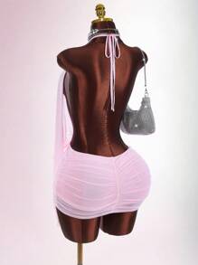 Amplova Đầm ôm sát mini cổ khoét sâu đính pha lê - Hồng - Xem 7