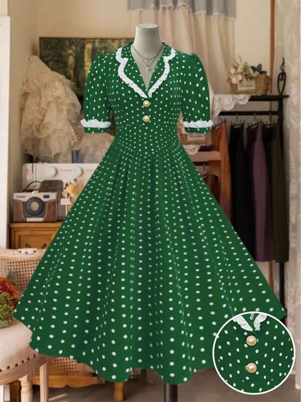 Sweetra Robe mi-longue style vintage à col châle et manches bouffantes pour femmes grandes tailles