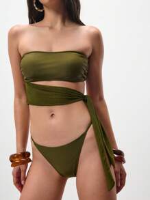 TypaGal 女士纯色抹胸侧结性感比基尼泳装套装 - 軍綠色 - 查看 5