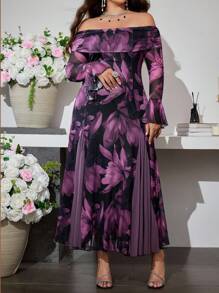 Modelyn 大码女式优雅网眼印花拼接露肩紧身连衣裙 - 紫色 - 查看 6