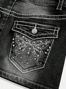 ROMWE J-Fashion Váy ngắn denim thêu bướm cổ điển Y2K có thể điều chỉnh đường khâu tương phản cho nữ - màu đen - Xem 2