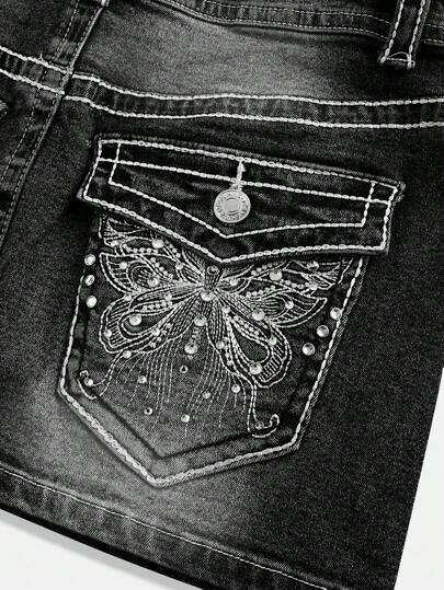 J-Fashion Y2K Retro Low Waist Vintage Butterfly Embroidered Adjustable Contrast Stitching Women Denim Mini Skirt