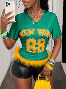BamGleam Graphic Print V-Neck Letter Print Faux Fur Patchwork Casual Short Sleeve T-Shirt - Multicolor - View 7