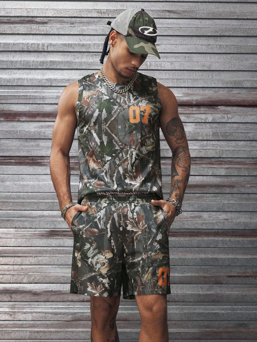 AXEPEAK Conjunto de camiseta de tirantes de cuello redondo y shorts con bolsillo, estampado completo, moda para hombres - Multicolor - Ver 1