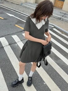 少女休闲拼色拼接迷你夏季连衣裙 - 灰色 - 查看 2