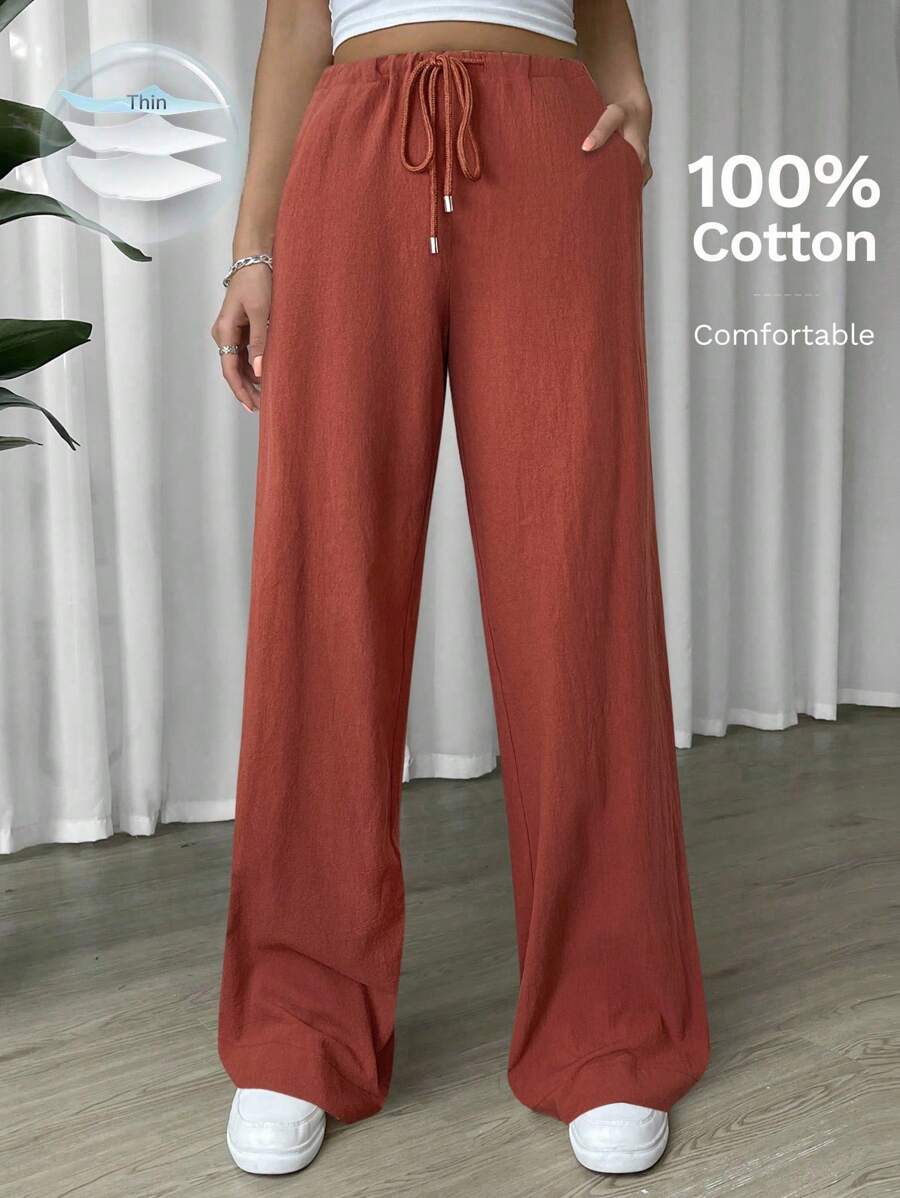 SHEIN EZwear 女士休闲玫红色亚麻抽绳腰斜口袋阔腿裤 - 玫瑰紅 - 查看 1