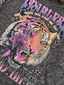 Manfinity LEGND 男士休闲雪花和老虎印花宽松圆领短袖 T 恤，夏季图案 T 恤 - 棕色 - 查看 4