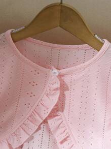 Young Girl Knitted Hollow-Out Fabric Ruffle Hem Short Jacket, Sweet & Cool, & Elegant, Suitable For Spring & Autumn, Outdoor, Versatile Occasions - Pink - View 3