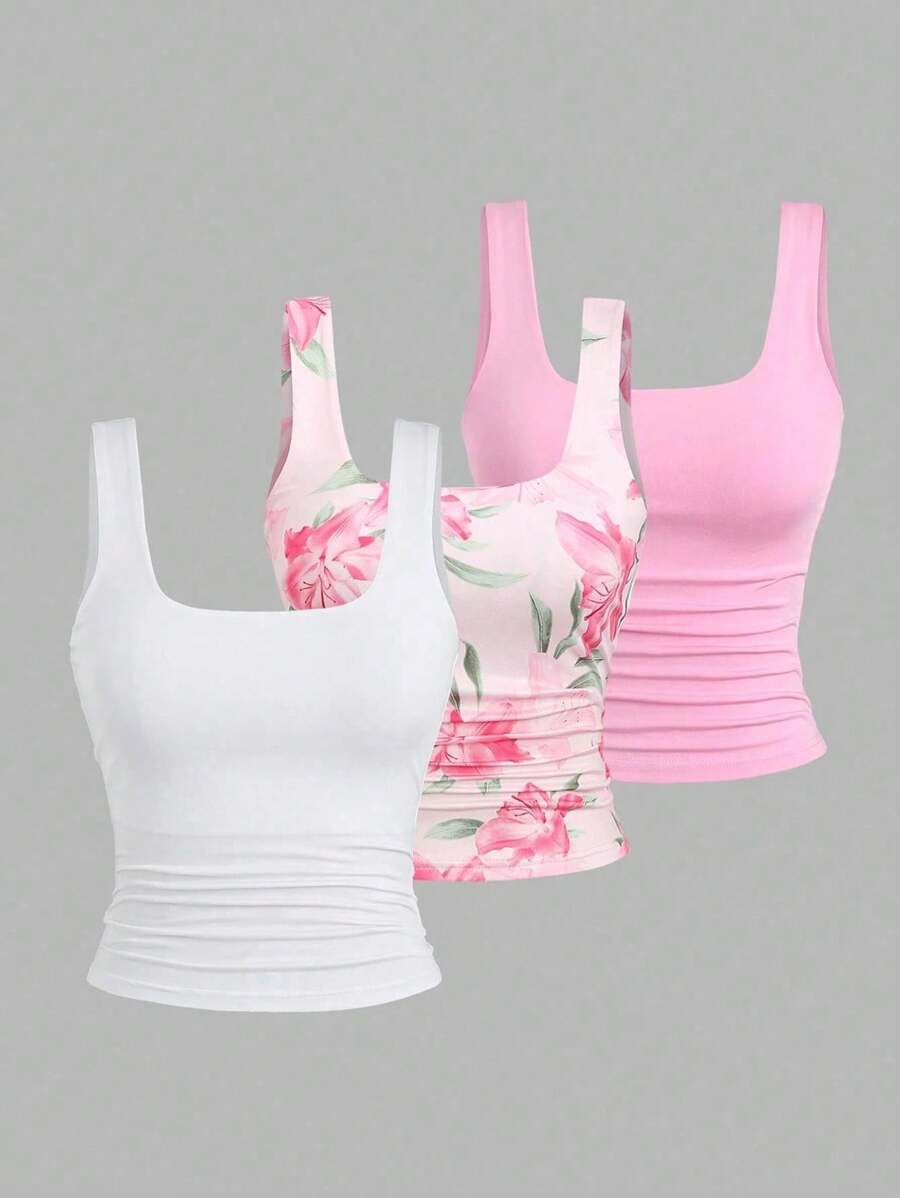 Flirla Plus Size Women Square Neck Pleated Casual Versatile Tank Top - Multicolor - View 1