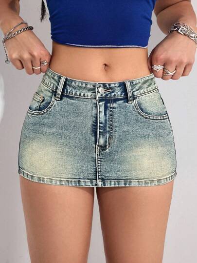 SHEIN PETITE Minifalda vaquera ajustada y sexy para mujer para verano