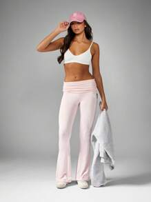 Missguided x Playboy Pantalones acampanados de cintura alta plegados, pantalones de vestir de otoño e invierno para el tiempo libre, pantalones clásicos casuales, pantalones ajustados acampanados de ocio - Rosa - Ver 3