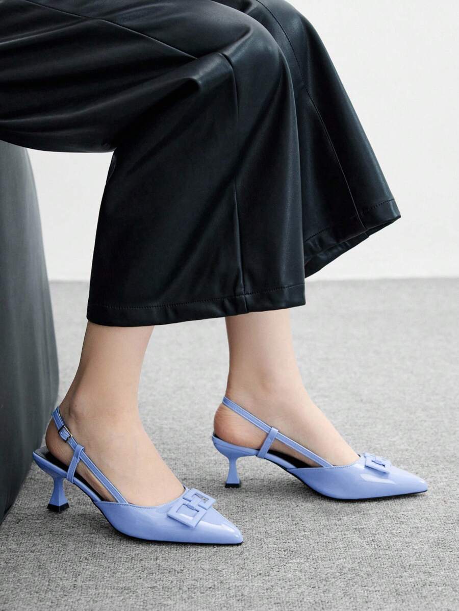 CUCCOO BIZCHIC Women's Pointed Toe Thin High Heel Blue Backstrap Metallic Buckle All-Match Everyday Commute Office Work Pumps - Blue - View 1