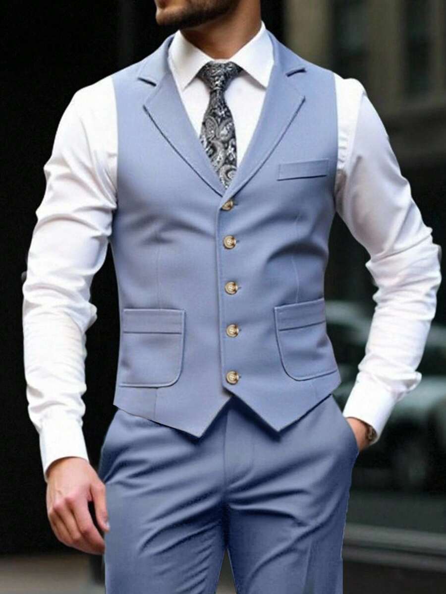 Manfinity Mode 男士马甲，男士商务休闲修身纯色正装马甲背心男士正装西装适合日常通勤商务、聚会和宴会。是送给男朋友或老公的绝佳礼物男士西装背心男士马甲浅蓝色男士马甲男士马甲男士正装马甲，老款风格 - 霧霾藍 - 查看 1
