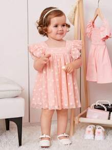 Young Girl Woven Solid Color Ruffled Collar Cute Dress - Pink - View 4