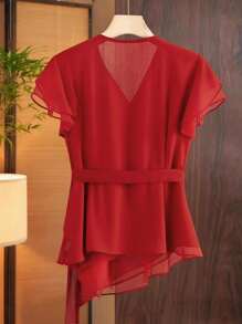 Franclia Blusa de gasa con cuello en V, volantes, cintura ceñida y mangas abullonadas