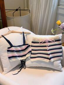 Comfortcana 2pcs Women Contrast Striped Cropped Camisole & Shorts Set,Low Rise - Multicolor - View 5