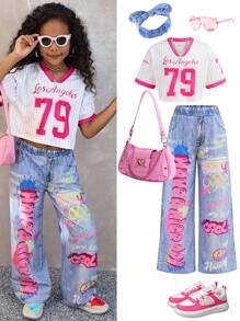 SHEIN 青少年女孩春夏街头服饰 Grunge Y2K 图案棒球衫 V 领 T 恤直筒裤两件套服装，两件套西装，短袖 + 直筒裤，仿牛仔布，79 号球衣，秋季返校 Y2K 街头服饰 Grunge