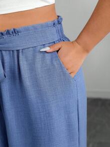 SHEIN PETITE 大码纯色休闲阔腿裤 - 藍色 - 查看 7