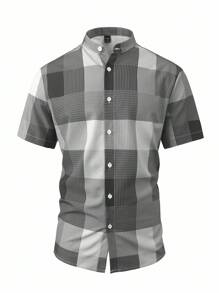 Manfinity Homme 男士夏季休闲格子短袖衬衫男士短袖纽扣衬衫黑白短袖男士立领常规版型衬衫优雅格子图案涤纶男士衬衫，老钱风格 - 黑與白 - 查看 5