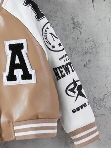 年轻女孩休闲街头时尚字母贴片插肩袖单排扣前开棒球夹克，秋季 - 彩色 - 查看 8