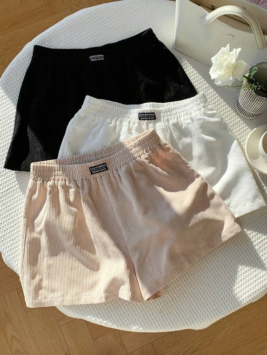 Comfortcana 3 件套多色秋季新品女士休闲斯德哥尔摩风格字母印花短裤夏季女士舒适柔软罗纹短裤，返校 - 彩色 - 查看 1