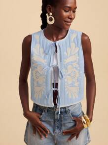 Travachic 度假梭织无袖女式背心背心刺绣背心系带上衣淡蓝色上衣刺绣上衣短款上衣女式夏季上衣秋冬漂亮上衣 - 藍白色 - 查看 4