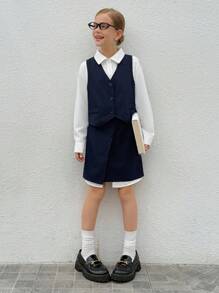 青少年女孩纯色单排扣背心、长袖衬衫和中长裙休闲装 - 藏蓝色 - 查看 8